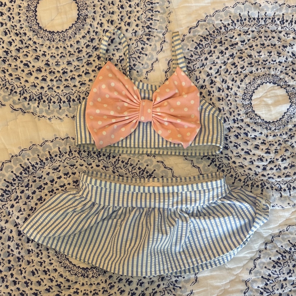 Ruffle Butts Blue & Pink Striped Girls Swim Bikini with Polka Dot Bow